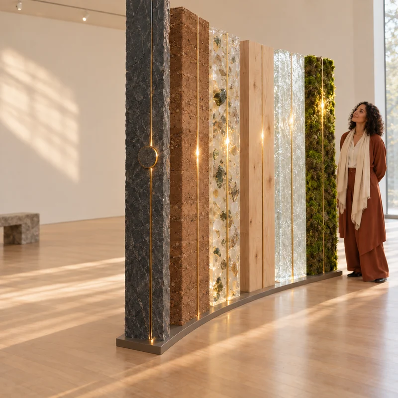 A visitor explores a luminous installation of stone, earth, glass, timber and living material in a warm contemporary gallery.