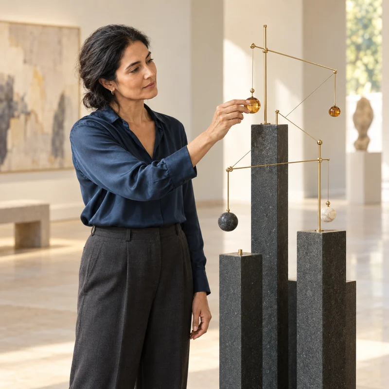 A visitor adjusts a finely balanced brass and stone sculpture in a warm contemporary gallery.