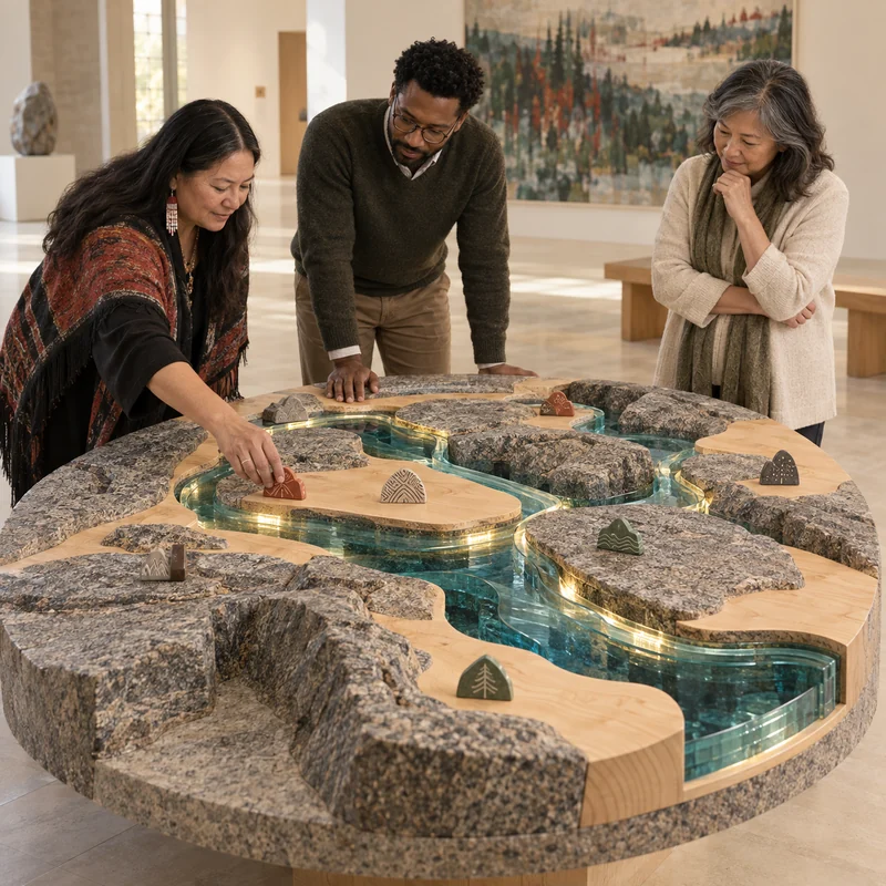 Three collaborators explore a Canada-inspired stone, wood and water landscape table in a warm contemporary gallery.