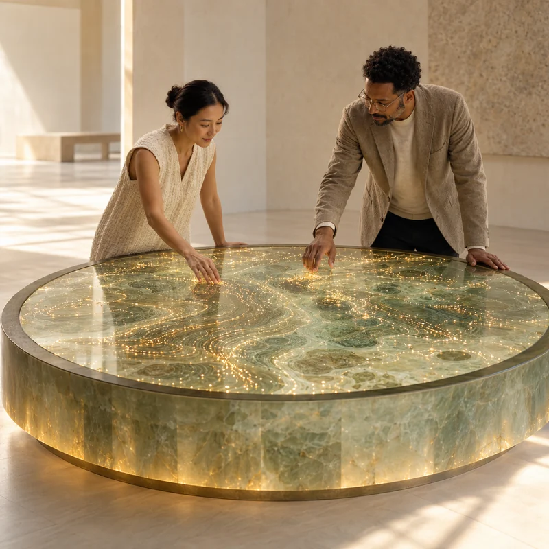 Two visitors explore a glowing green-and-gold interactive network table in a warm contemporary gallery.