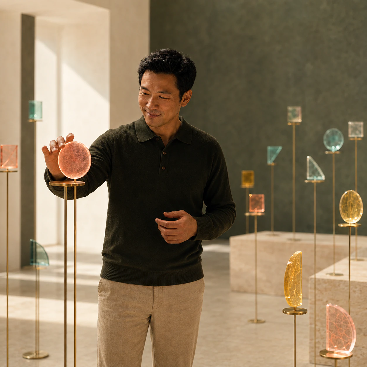 A collaborative glass installation representing connected human and AI decisions.