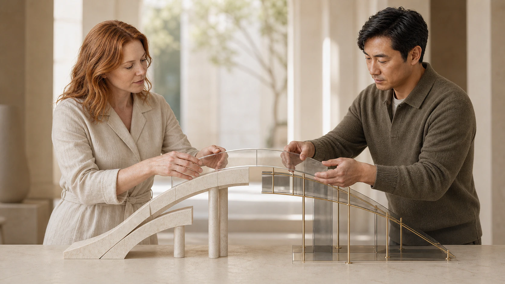 Two leaders connecting parts of a glass and brass organizational framework.