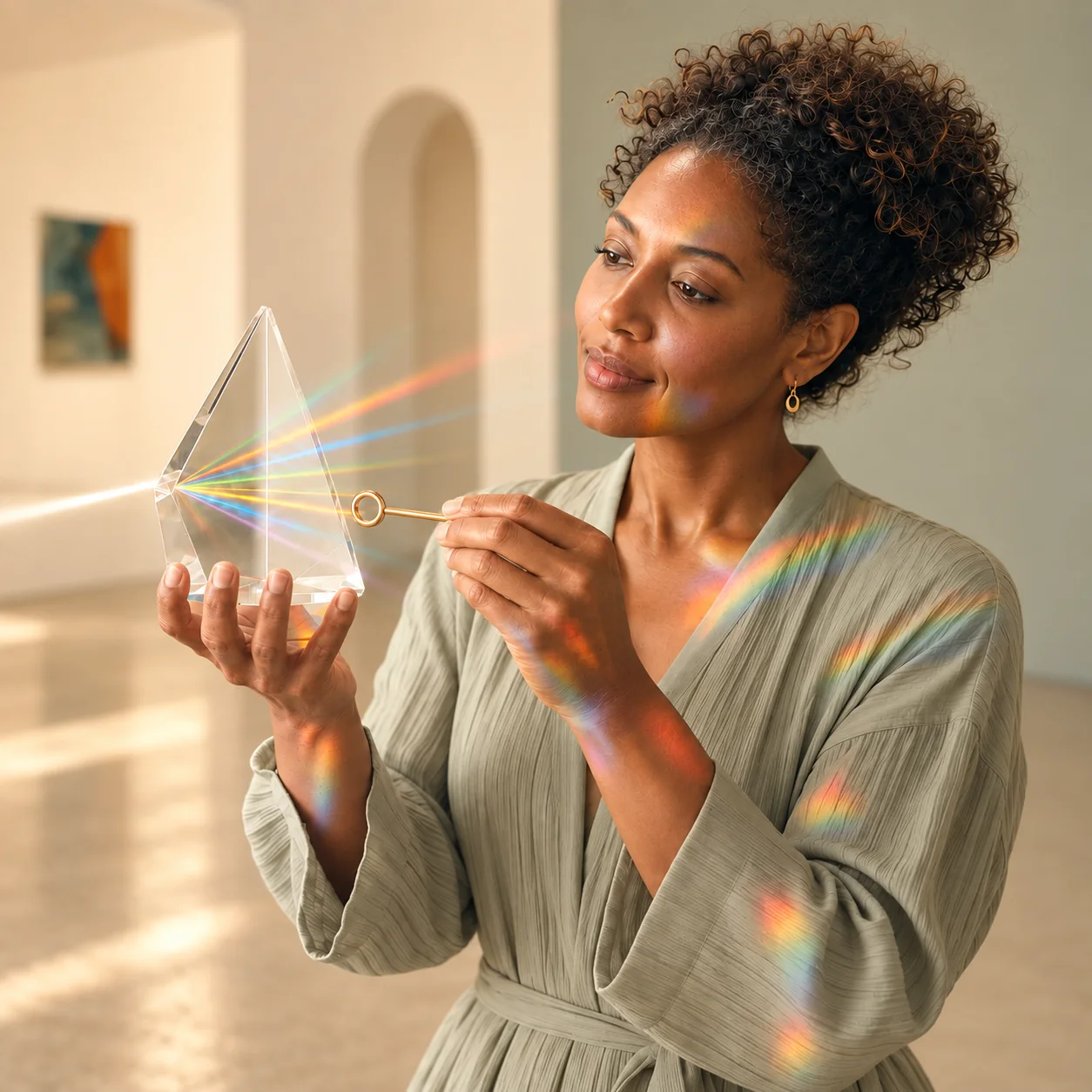 A woman holding a glass prism as light refracts across the room.